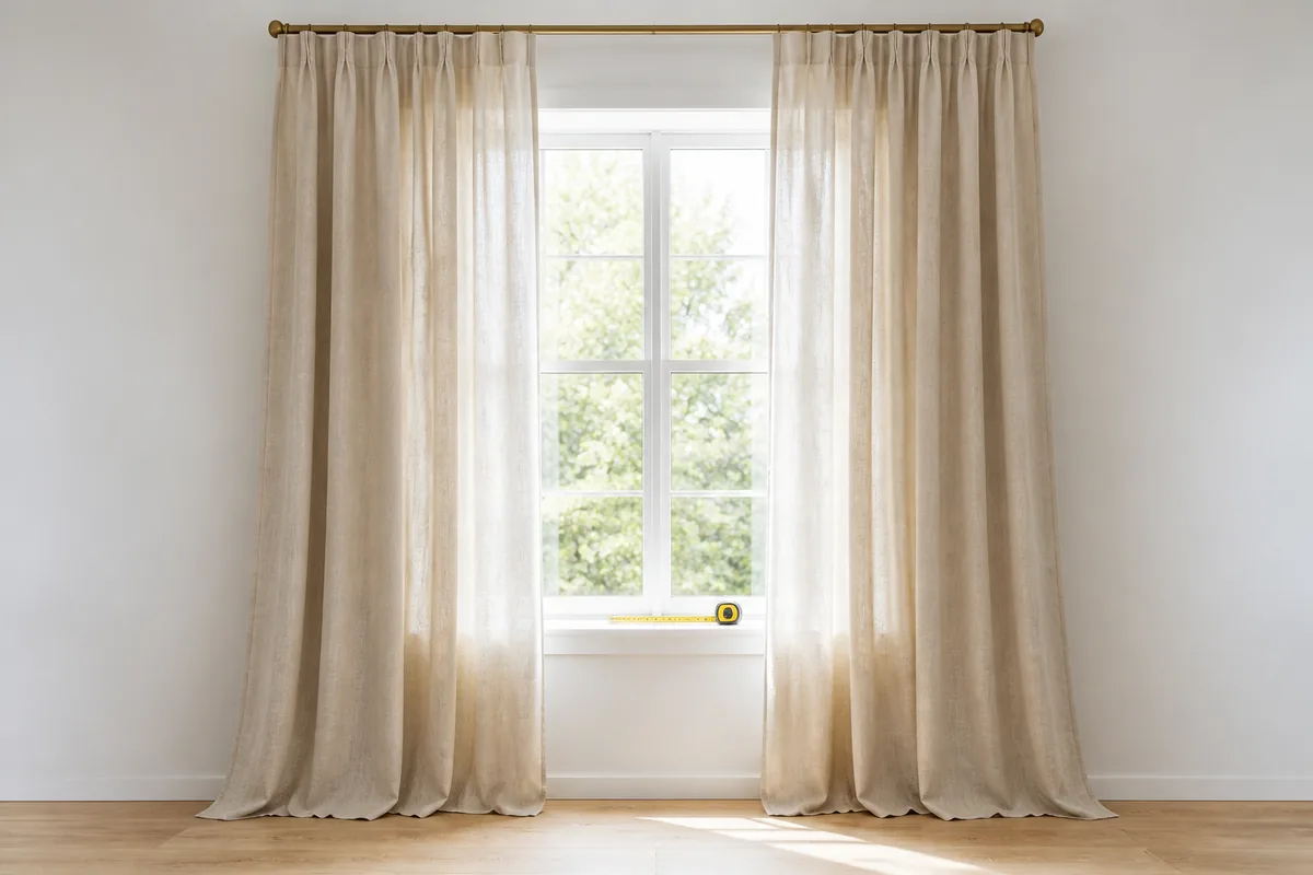 A tall linen curtain panel hanging from a ceiling-height rod beside a bright window, hem just clearing a wood floor