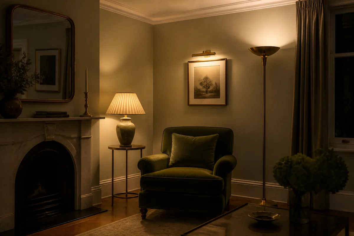 A north-facing sitting room lit by a corner uplight bouncing off a pale ceiling, with a wall mirror returning light across the floor