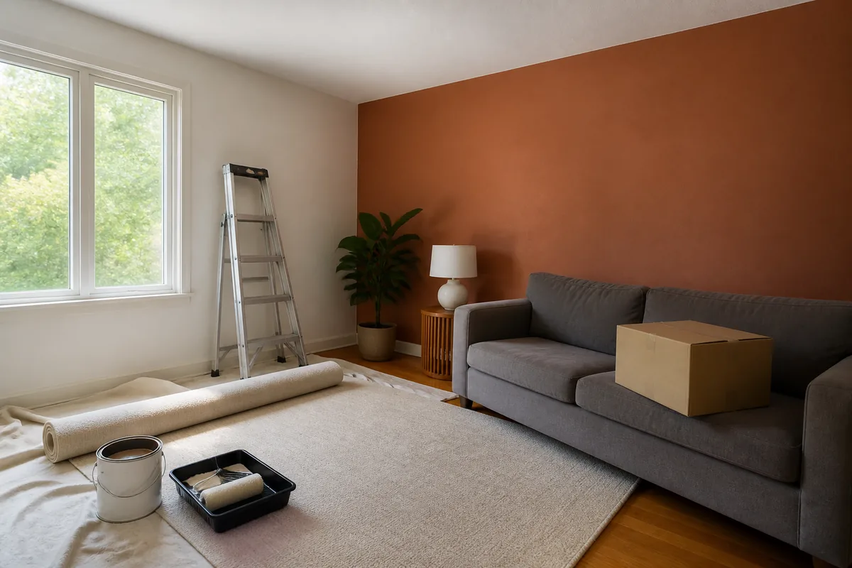 Living room part way through a refresh, with a rolled rug leaning against a freshly painted wall and a slipcovered sofa pushed to the center
