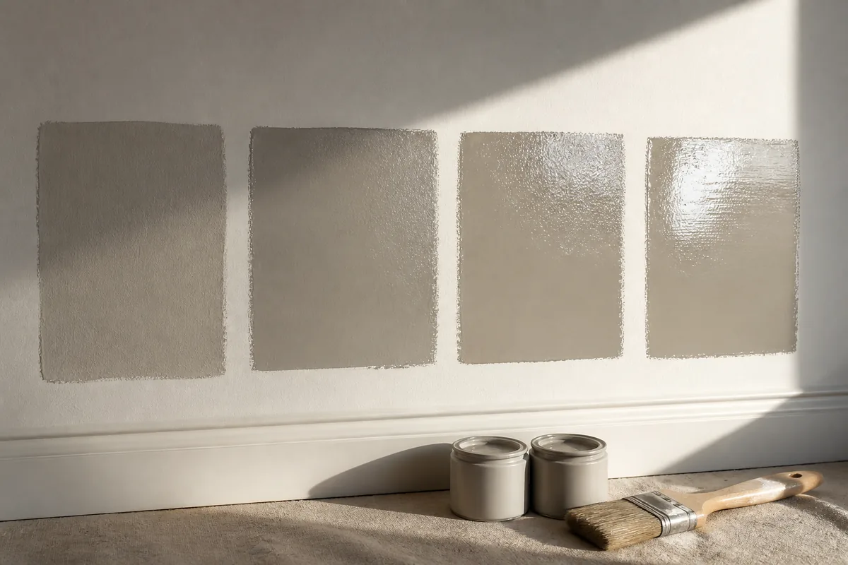Two painted sample boards in the same deep navy, one flat and one semi-gloss, propped against a white baseboard in low window light