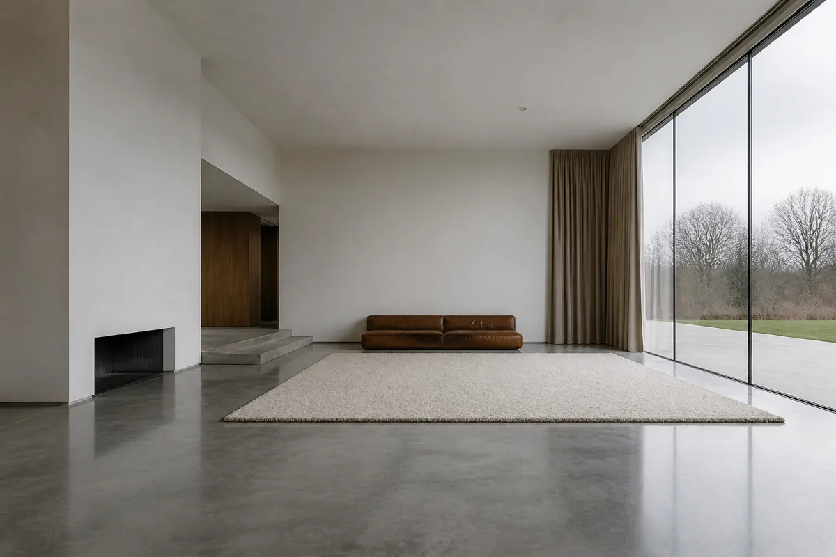 Sunlit living room with bare pale oak flooring, unadorned white walls and a large uncovered window, furnished with only a low sofa and a glass-topped table