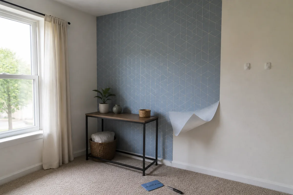 Rented apartment living room with a peel-and-stick accent wall, a plug-in brass sconce beside a sofa, and a large area rug covering worn laminate flooring