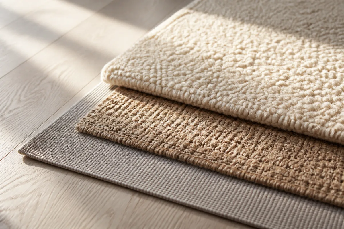 Close-up of four rug samples laid edge to edge on a pale oak floor: dense wool pile, chunky woven jute, flat polypropylene weave, and high-sheen viscose