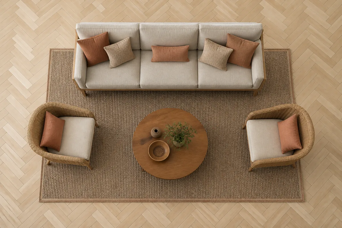 Plan view of a living room with a large flatweave rug, a sofa with its front feet on the pile, and a steel tape measure lying across the rug border
