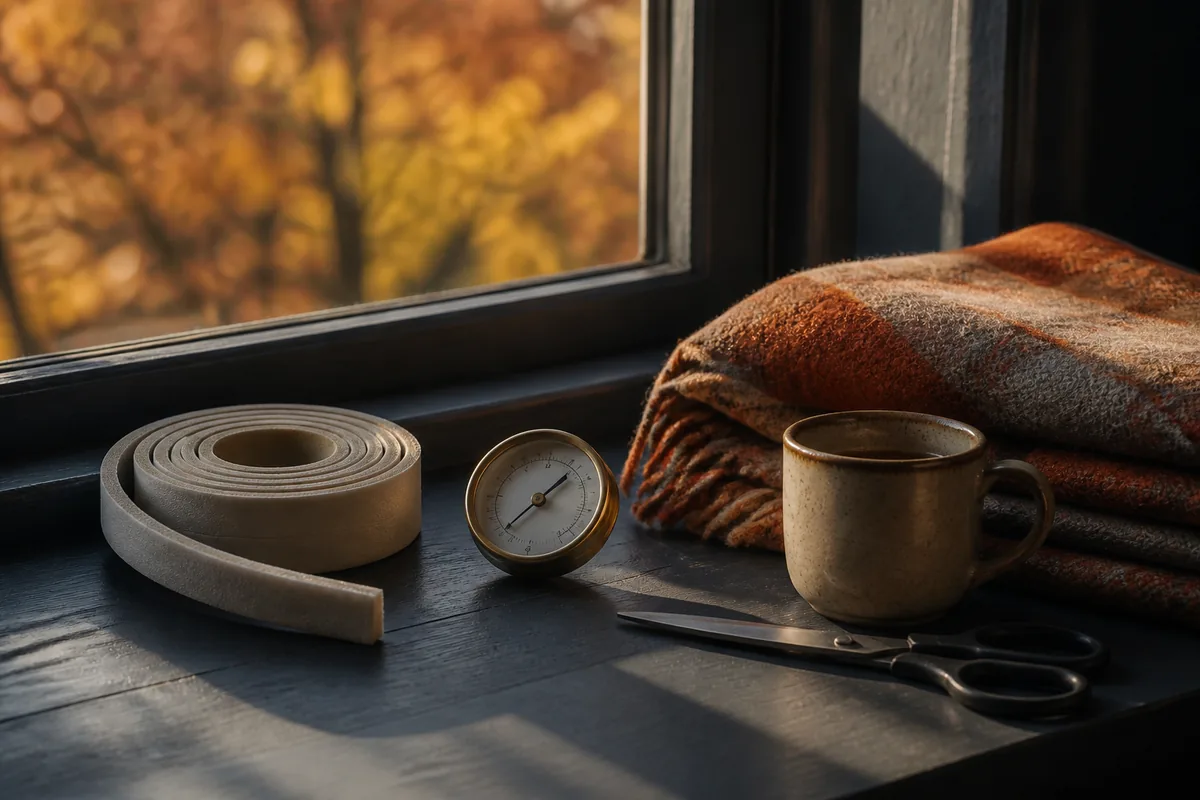 Sunlit interior with a hygrometer on a wooden sideboard, a rolled rug leaning against the wall and a pleated furnace filter propped nearby