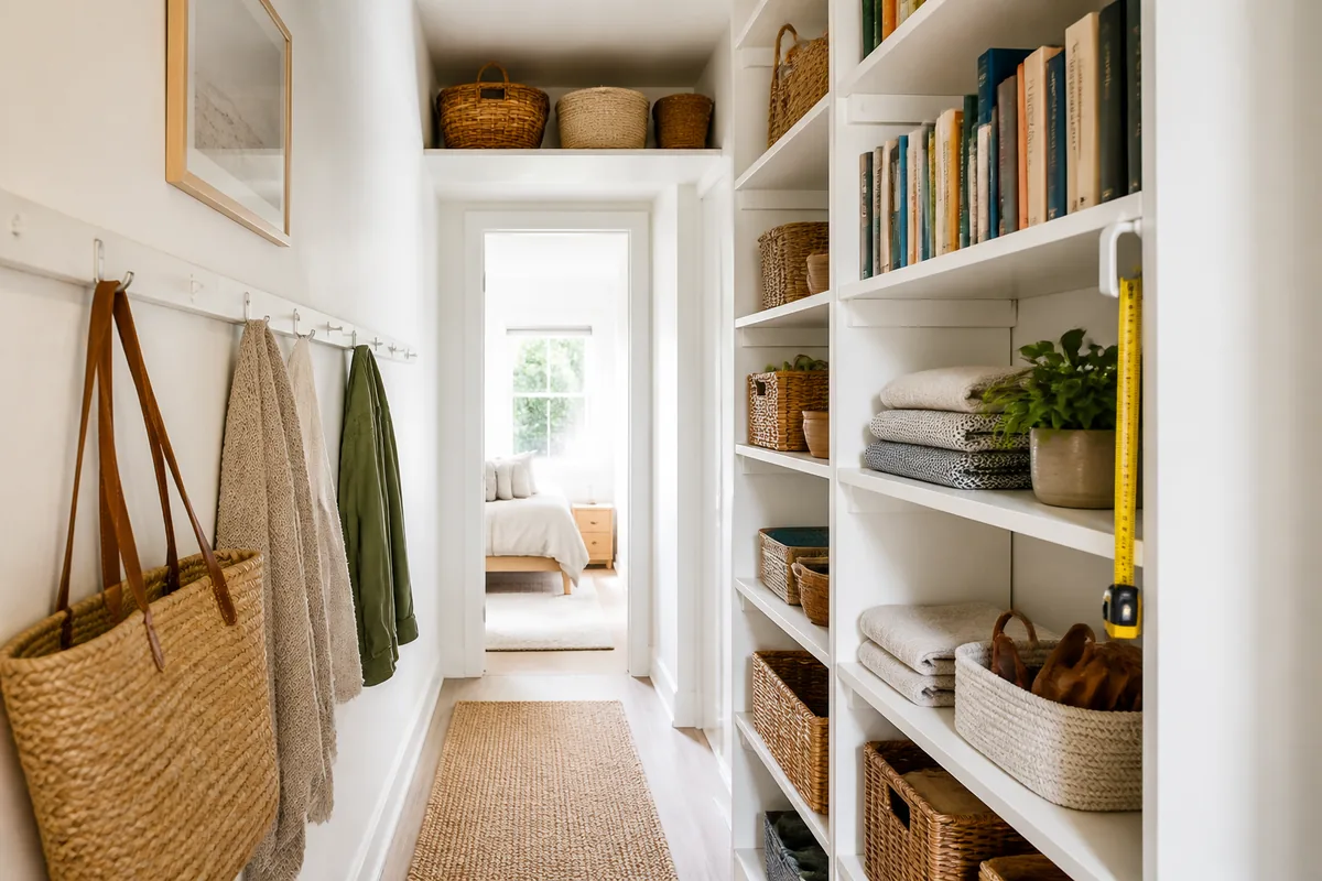 Narrow apartment wall fitted with a shelf running above the door frame to the ceiling, with baskets lined up on it