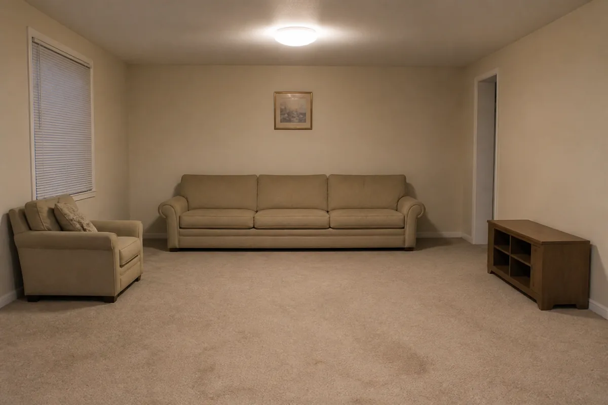 Living room viewed from a doorway with a sofa pushed flat against the wall, one ceiling fixture lit, and a small framed print hung high above the seat back