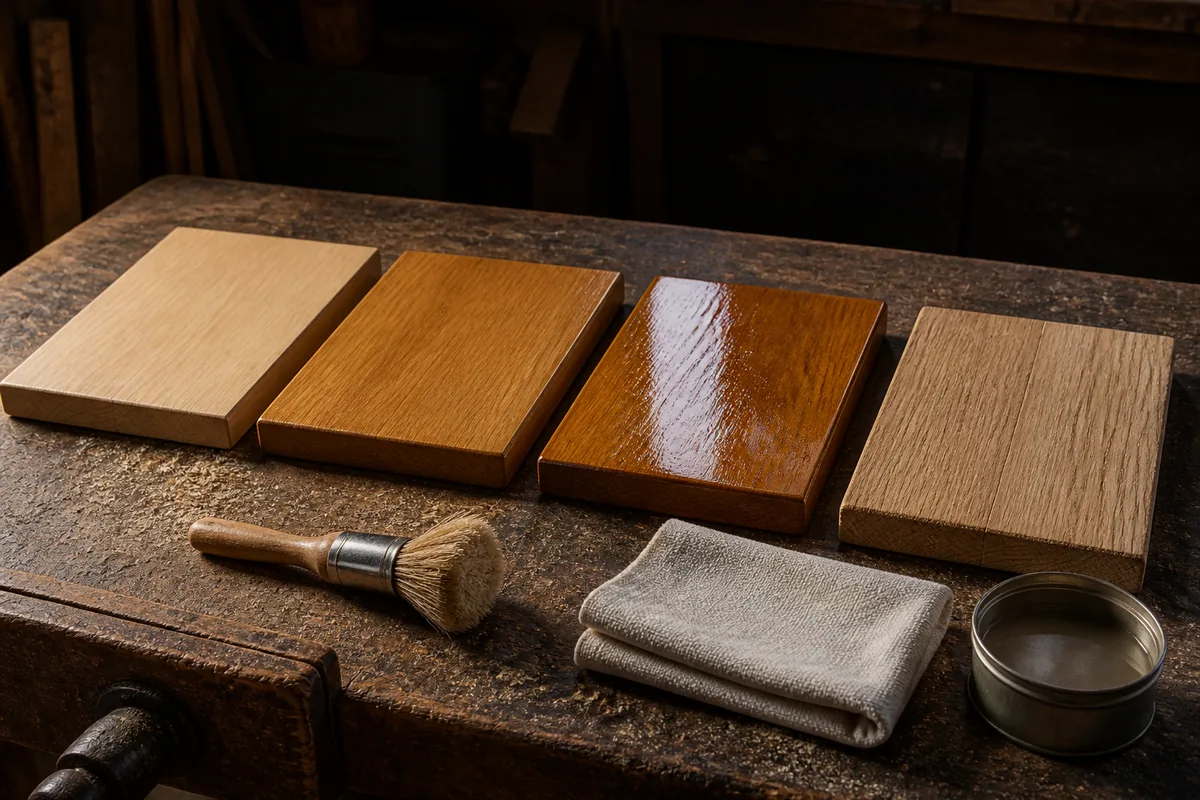 Sanded oak tabletop on a workbench beside a brush, a folded cotton rag and three small finished sample boards