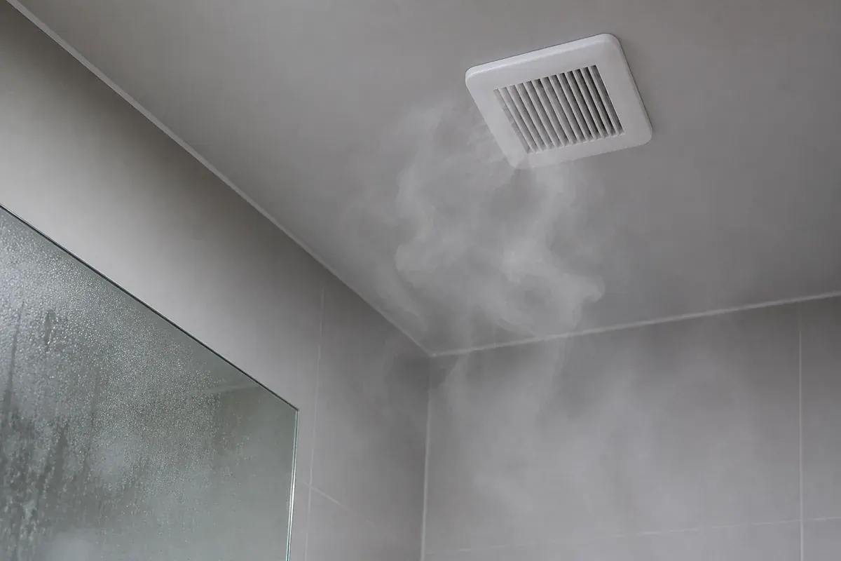Steam drifting toward a white ceiling exhaust fan grille in a small windowless bathroom with a fogged mirror