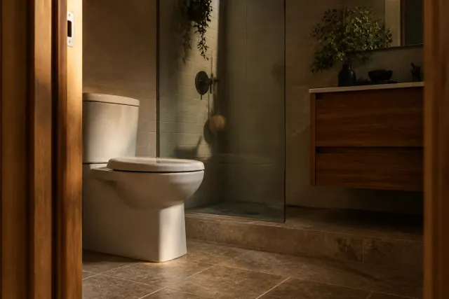 Small tiled bathroom seen from the doorway with a two-piece toilet, a wall-hung vanity and a glass shower panel