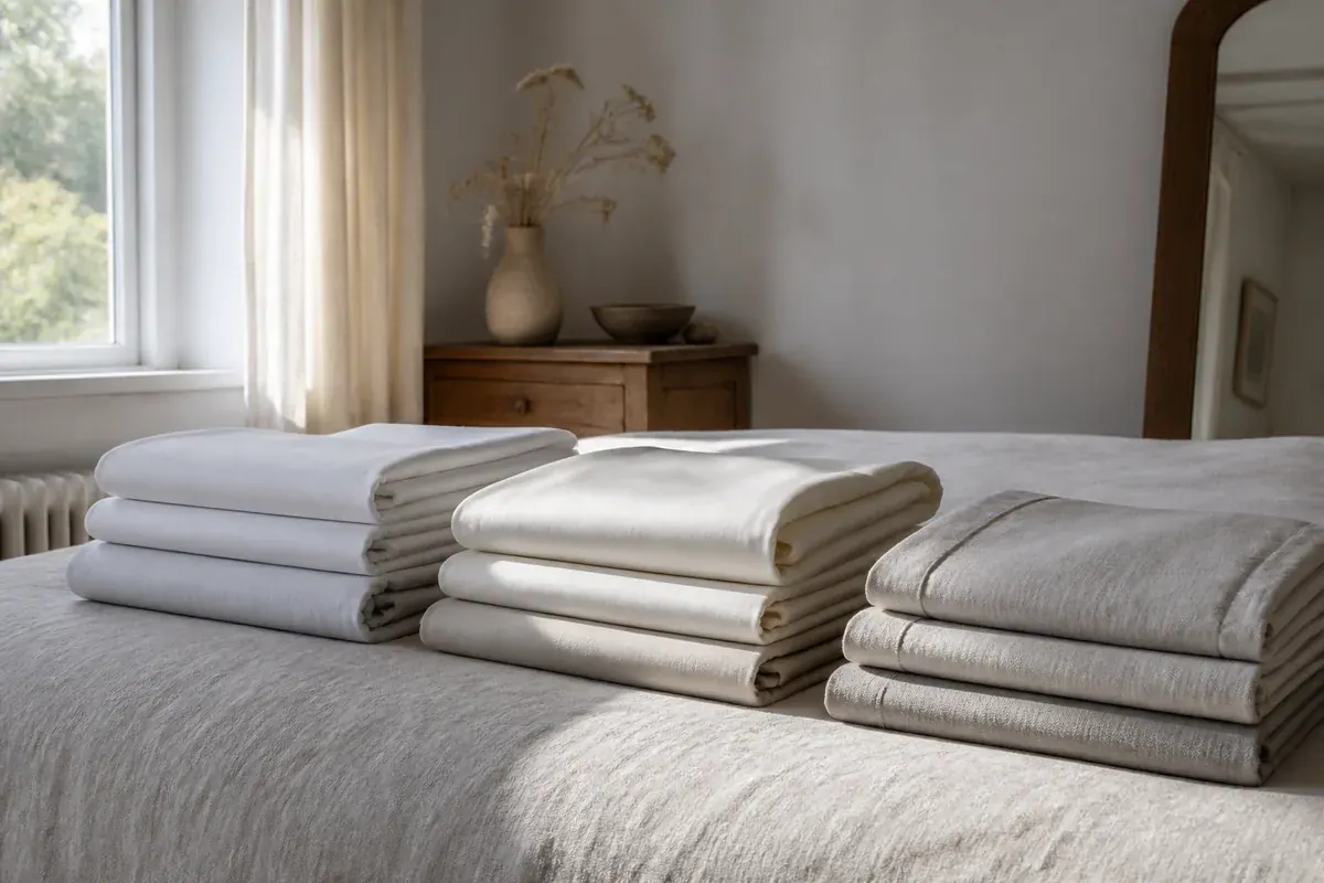 Folded stacks of percale, sateen and brushed flannel bed sheets under raking window light, showing how differently each surface catches it