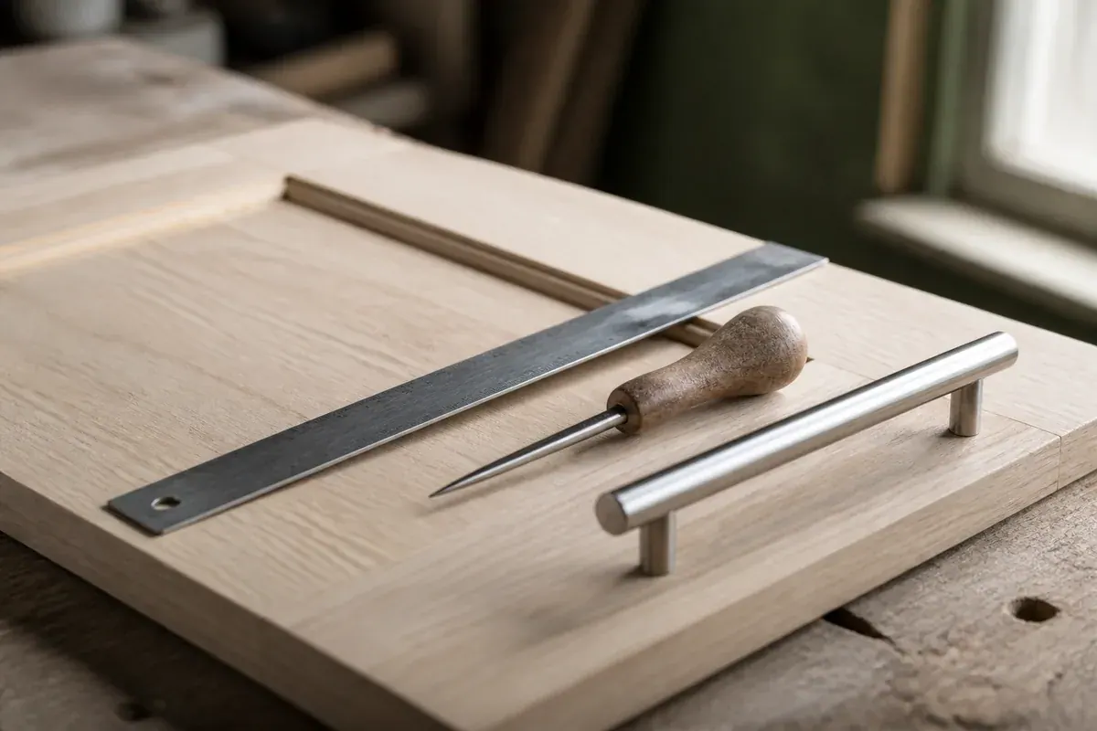 A steel rule, an awl, and a stainless bar pull laid across an unfinished drawer front on a workbench
