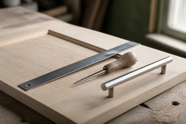 A steel rule, an awl, and a stainless bar pull laid across an unfinished drawer front on a workbench