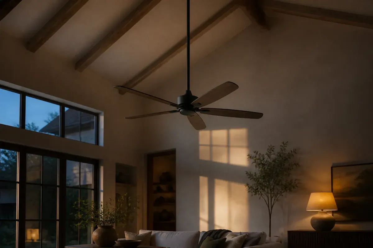 A five-blade ceiling fan suspended on an extended downrod below a high sloped ceiling in a sunlit living room