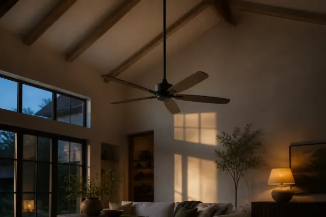 A five-blade ceiling fan suspended on an extended downrod below a high sloped ceiling in a sunlit living room