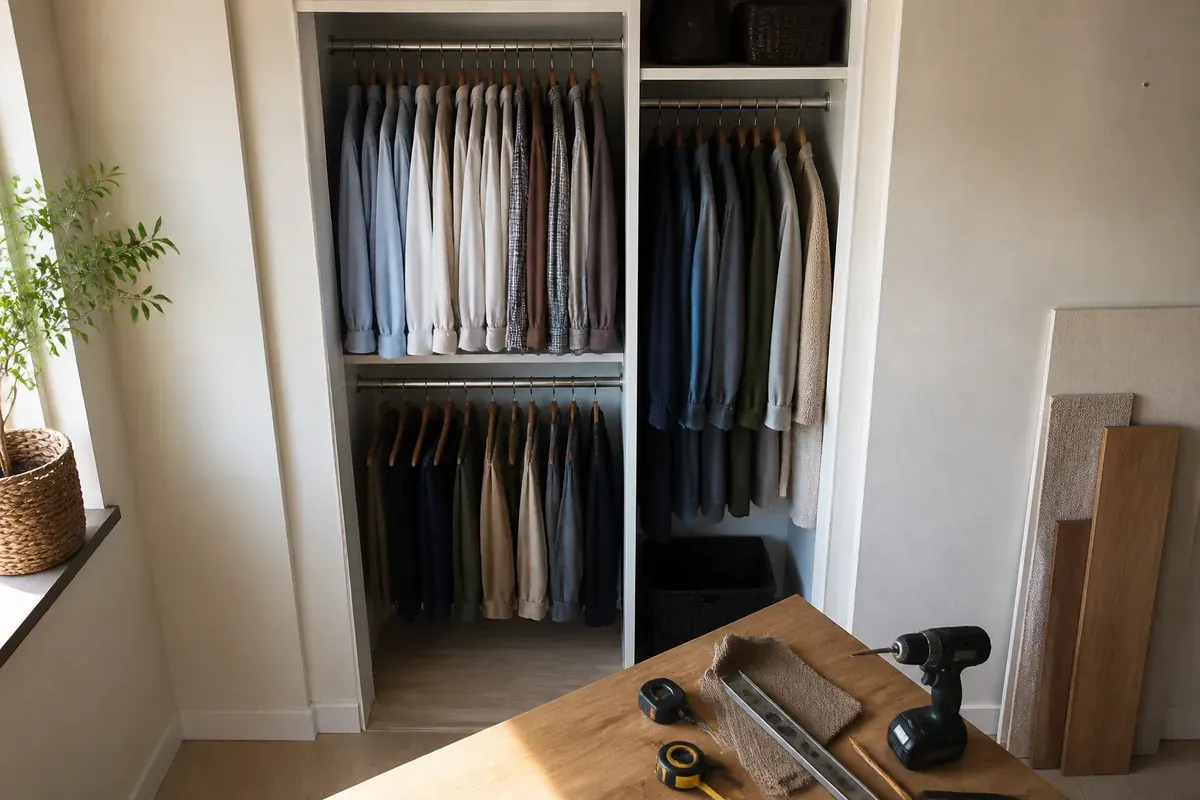 Reach-in closet with two stacked hanging rods, shirts above and folded trousers below, next to a taller single-rod bay