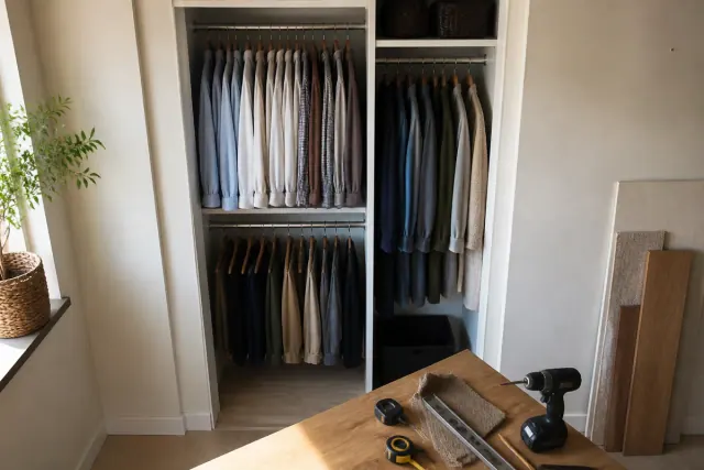Reach-in closet with two stacked hanging rods, shirts above and folded trousers below, next to a taller single-rod bay