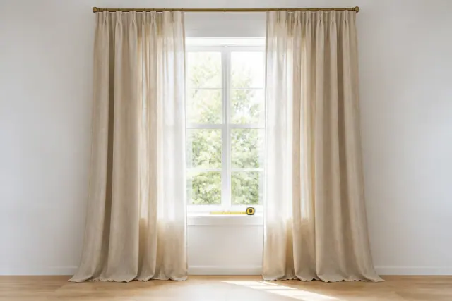 A tall linen curtain panel hanging from a ceiling-height rod beside a bright window, hem just clearing a wood floor