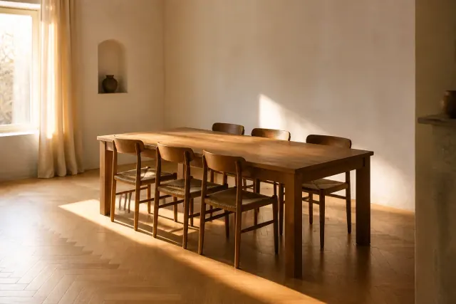 A rectangular wooden dining table with six chairs tucked in, standing clear of the walls in a pale, sparsely furnished room