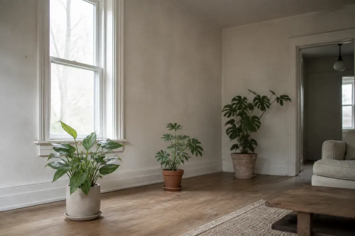 Three potted houseplants set at increasing distances from a bare double-hung window in a pale, sparsely furnished room
