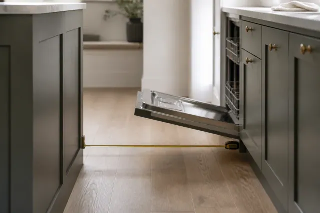 Tape measure stretched across the floor gap between a kitchen island and the base cabinets opposite, with an open dishwasher door in the aisle