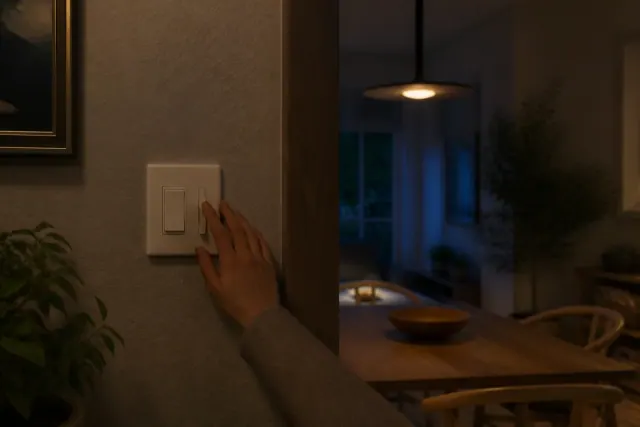 A hand resting on a slide dimmer beside a wall plate, with a warm ceiling fixture dimmed to a low level behind it