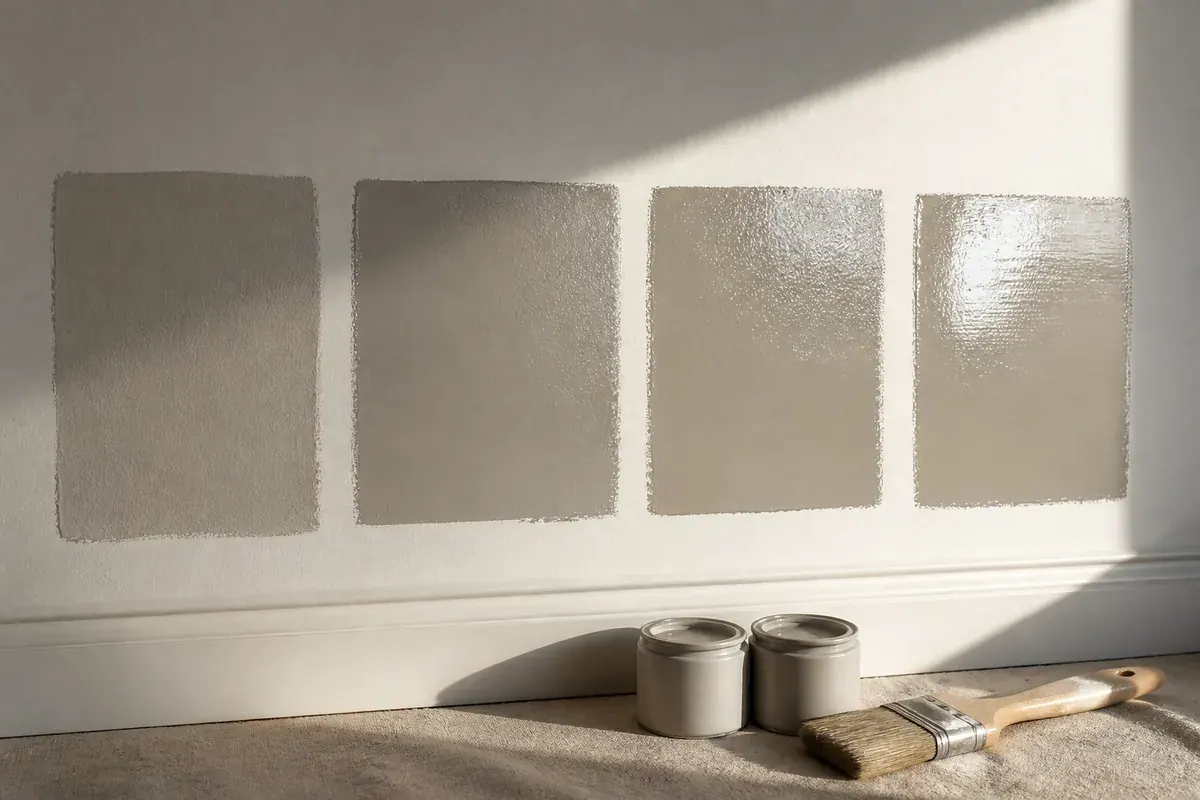 Two painted sample boards in the same deep navy, one flat and one semi-gloss, propped against a white baseboard in low window light