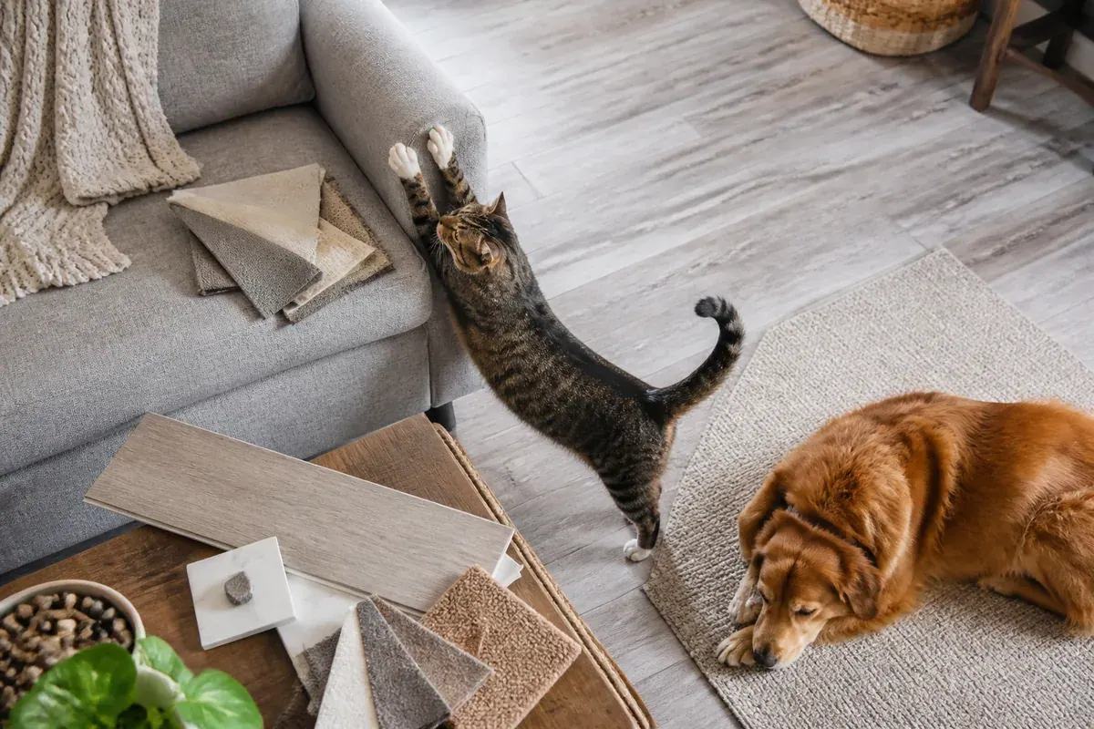 A tabby cat stretching against the arm of a flat-weave gray sofa while a dog rests on a low-pile rug over wide vinyl plank flooring