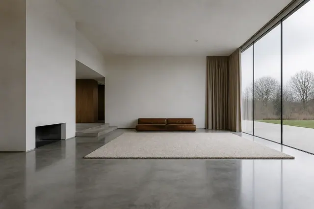 Sunlit living room with bare pale oak flooring, unadorned white walls and a large uncovered window, furnished with only a low sofa and a glass-topped table