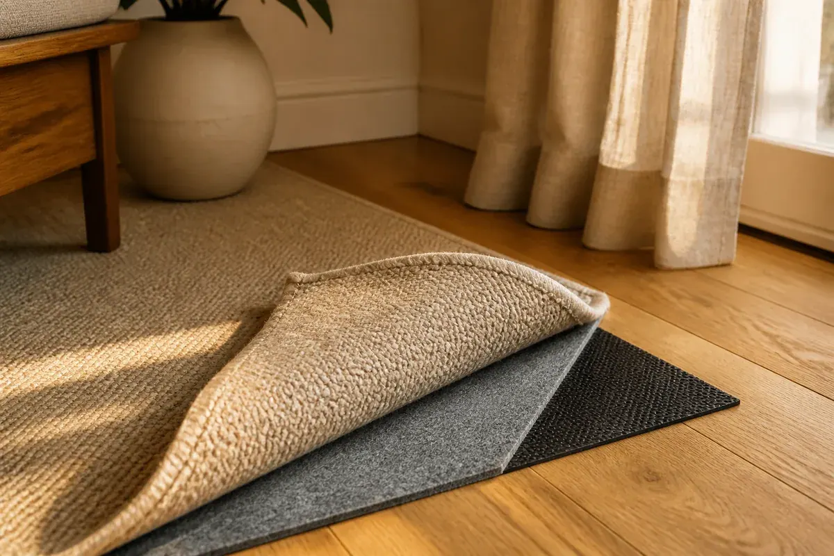 Corner of a wool area rug folded back on a bare oak floor, showing the gray felt face and dark natural rubber underside of the pad beneath it