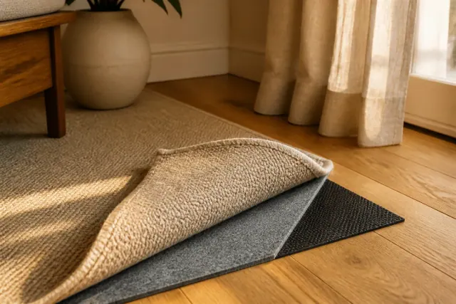 Corner of a wool area rug folded back on a bare oak floor, showing the gray felt face and dark natural rubber underside of the pad beneath it