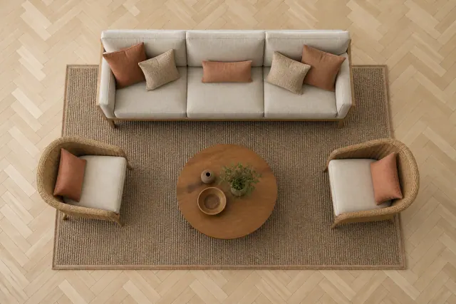 Plan view of a living room with a large flatweave rug, a sofa with its front feet on the pile, and a steel tape measure lying across the rug border