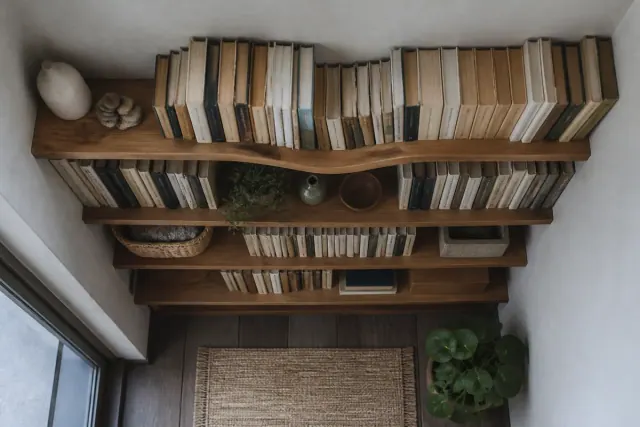 A loaded wooden bookshelf in a narrow alcove, with a visible dip through the middle of the longest shelf