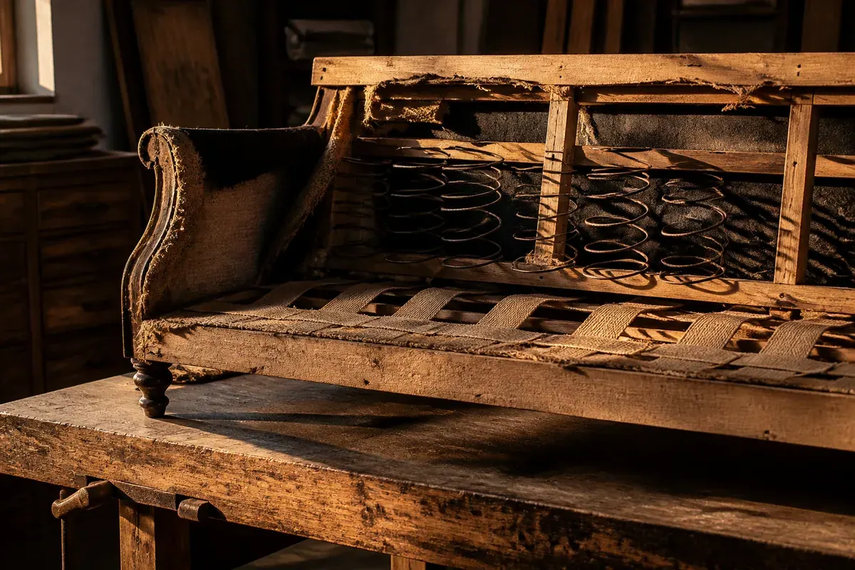 Partly stripped sofa on a workbench with its hardwood frame rails, webbing straps, and coil springs exposed.