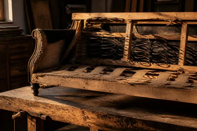 Partly stripped sofa on a workbench with its hardwood frame rails, webbing straps, and coil springs exposed.