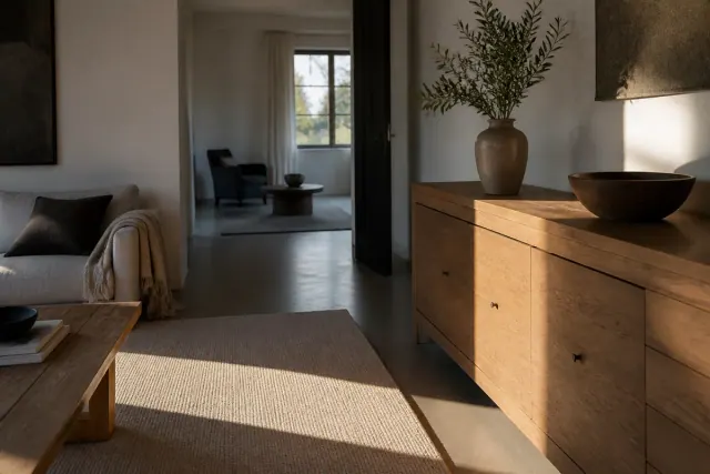 Late afternoon sunlight falling across a wool rug and an oak sideboard, with a sharp edge between the sunlit and shaded areas