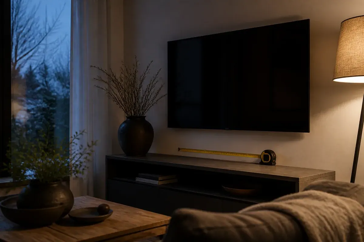 A large flat-panel television mounted low on a plain wall above a slim media console, with a tape measure resting against the wall below it