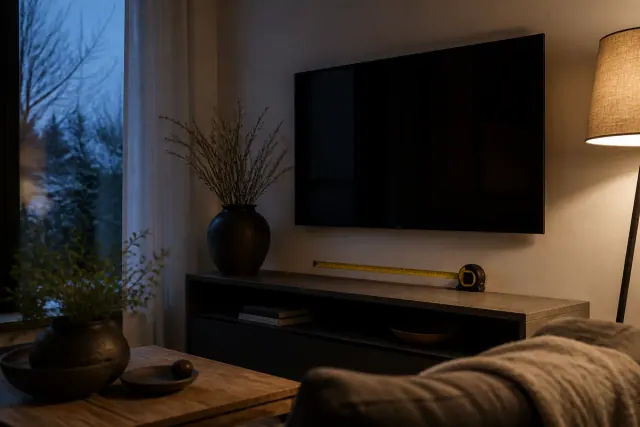 A large flat-panel television mounted low on a plain wall above a slim media console, with a tape measure resting against the wall below it