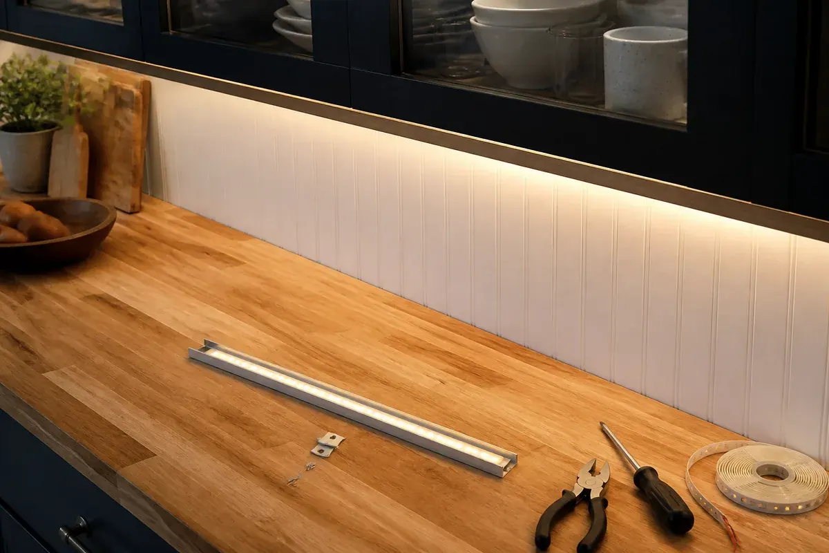 Warm LED tape light in an aluminum channel mounted behind the front rail of a kitchen wall cabinet, washing an even band of light across a butcher block counter