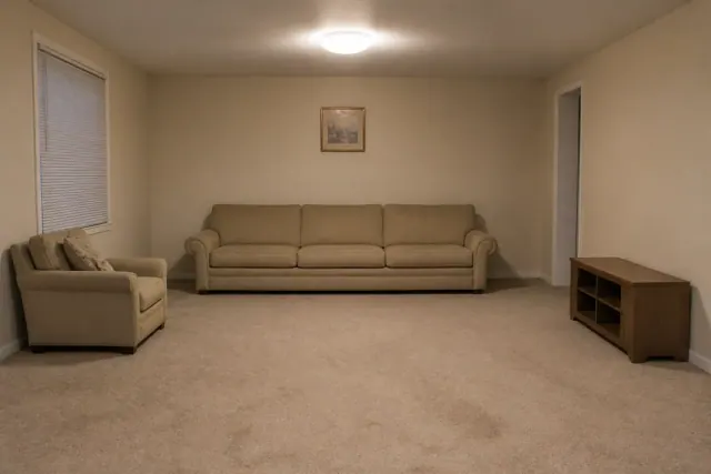 Living room viewed from a doorway with a sofa pushed flat against the wall, one ceiling fixture lit, and a small framed print hung high above the seat back