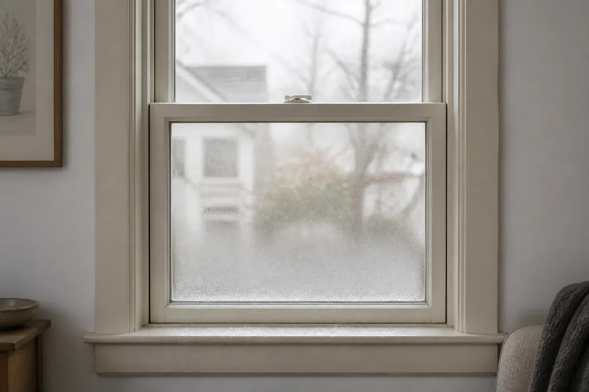 Winter morning light through a double-hung window with a band of condensation pooled along the lower edge of the glass and beading on the painted sill