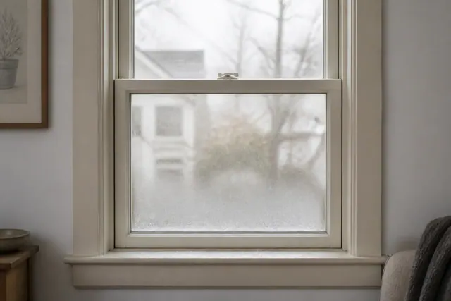 Winter morning light through a double-hung window with a band of condensation pooled along the lower edge of the glass and beading on the painted sill
